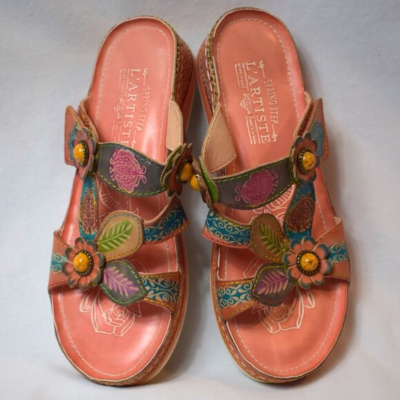 Spring Step L'Artiste Pink Floral Adjustable Slide On Sandals Size 7 - Picture 1 of 6